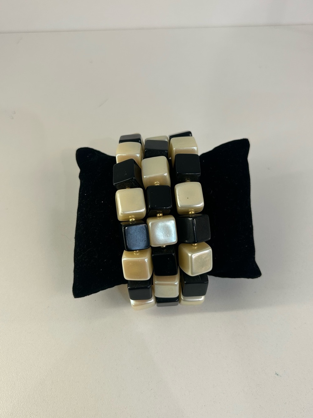 Vintage Karl Lagerfeld 3 Strand Cubes Gold, Blk, White Bracelet